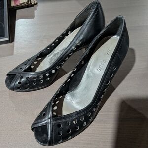 Black Perforated Leather Peep Toe Heel